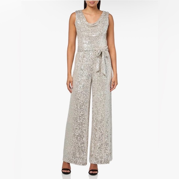 Vince Camuto Pants - NWT Vince Camuto Silver Sequin Cowl Neck Sleeveless Tie Waist Wide Leg Jumpsuit